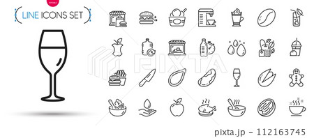 Pack of Coffee beans, Apple and Water glass line icons. Include Coffee machine, Water care, Mint bag pictogram icons. Ice cream, Food market, Pumpkin seed signs. Brazil nut, Salad. Vector 112163745