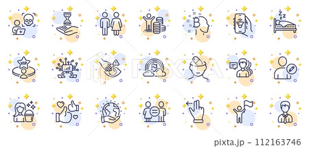 Outline set of Dont touch, Save planet and Cyber attack line icons for web app. Include Music app, Cleaning, Time hourglass pictogram icons. Sleep, Like, Budget profit signs. Leadership. Vector Outline set of Dont touch, Save planet and Cyber attack line icons for web app. Include Music app, Cleaning, Time hourglass pictogram icons. Sleep, Like, Budget profit signs. Leadership. Vector 112163746