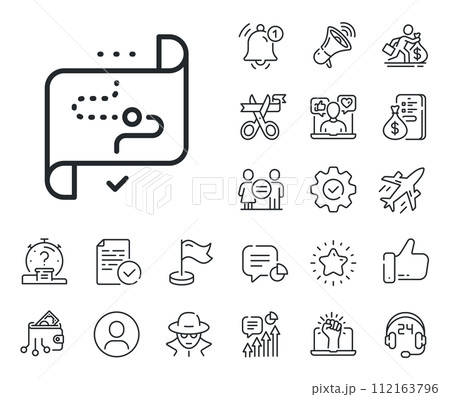 Stratery goal sign. Salaryman, gender equality and alert bell outline icons. Target path line icon. Core value symbol. Target path line sign. Spy or profile placeholder icon. Vector 112163796