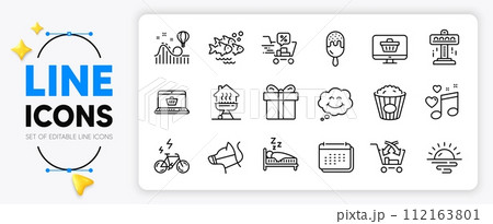 Cross sell, E-bike and Popcorn line icons set for app include Fish school, Web shop, Smile outline thin icon. Sleep, Calendar, Roller coaster pictogram icon. Home grill, Dog leash. Vector Cross sell, E-bike and Popcorn line icons set for app include Fish school, Web shop, Smile outline thin icon. Sleep, Calendar, Roller coaster pictogram icon. Home grill, Dog leash. Vector 112163801