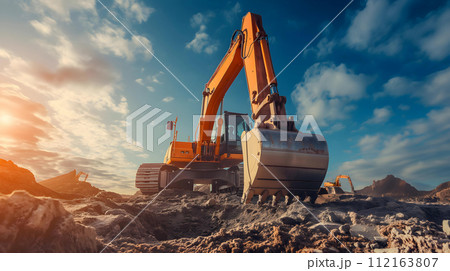 Excavator on the construction site against the blue sky with clouds 112163807