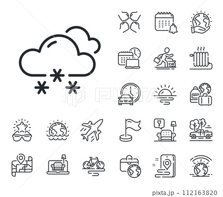 Clouds with snowflake sign. Plane jet, travel map and baggage claim outline icons. Snow weather forecast line icon. Cloudy sky symbol. Snow weather line sign. Car rental, taxi transport icon. Vector Clouds with snowflake sign. Plane jet, travel map and baggage claim outline icons. Snow weather forecast line icon. Cloudy sky symbol. Snow weather line sign. Car rental, taxi transport icon. Vector 112163820