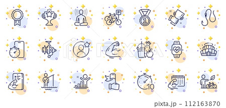 Outline set of Eco bike, Fishing reel and Timer line icons for web app. Include Fisherman, Timer app, Reward pictogram icons. Best friend, Cardio training, Victory signs. Winner cup. Vector 112163870