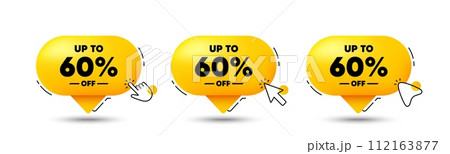 Up to 60 percent off sale. Click here buttons. Discount offer price sign. Special offer symbol. Save 60 percentages. Discount tag speech bubble chat message. Talk box infographics. Vector Up to 60 percent off sale. Click here buttons. Discount offer price sign. Special offer symbol. Save 60 percentages. Discount tag speech bubble chat message. Talk box infographics. Vector 112163877