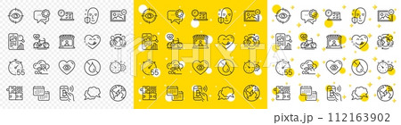 Outline Calendar, Chat message and Electricity line icons pack for web with Yummy smile, Online test, Eye target line icon. Phone search, Cogwheel timer, Co2 gas pictogram icon. Vector 112163902