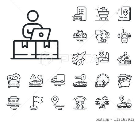 Internet delivery sign. Plane, supply chain and place location outline icons. Online storage line icon. Mobile device service symbol. Online storage line sign. Taxi transport, rent a bike icon. Vector Internet delivery sign. Plane, supply chain and place location outline icons. Online storage line icon. Mobile device service symbol. Online storage line sign. Taxi transport, rent a bike icon. Vector 112163912