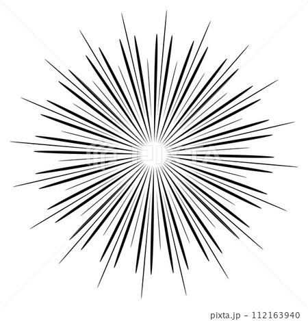 Vibrant black and white vector radial lines, starburst, comic book element, graphic design wish star rays isolated on white. 112163940