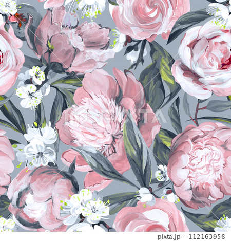 Botanical seamless pattern with peonies and sakura branches drawn in gouache 112163958