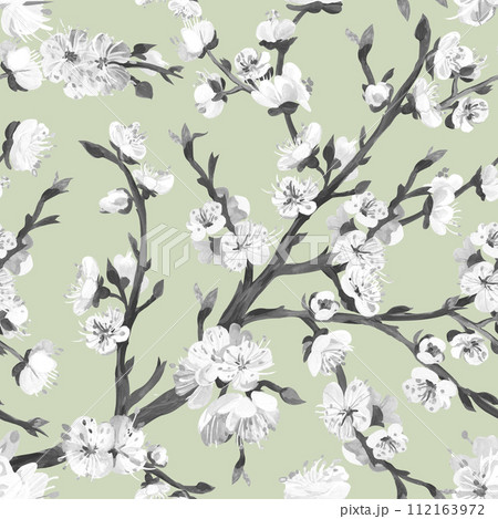 Sakura branches in a Seamless Asian oriental realistic pattern drawn 112163972