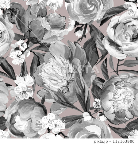 Botanical seamless pattern with peonies and sakura branches drawn in gouache Botanical seamless pattern with peonies and sakura branches drawn in gouache 112163980