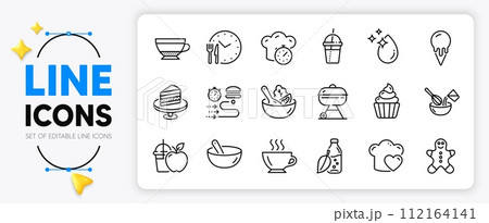 Gingerbread man, Food delivery and Cooking timer line icons set for app include Ice cream, Grill, Love cooking outline thin icon. Dry cappuccino, Cupcake, Food time pictogram icon. Vector Gingerbread man, Food delivery and Cooking timer line icons set for app include Ice cream, Grill, Love cooking outline thin icon. Dry cappuccino, Cupcake, Food time pictogram icon. Vector 112164141