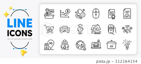 Approved document, Location app and Furniture line icons set for app include Selenium mineral, Furniture moving, Boiling pan outline thin icon. Friend, Online voting. Vector 112164154