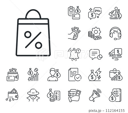 Supermarket buying sign. Cash money, loan and mortgage outline icons. Shopping bag with Percentage line icon. Sale and Discounts symbol. Shopping bag line sign. Credit card, crypto wallet icon. Vector Supermarket buying sign. Cash money, loan and mortgage outline icons. Shopping bag with Percentage line icon. Sale and Discounts symbol. Shopping bag line sign. Credit card, crypto wallet icon. Vector 112164155