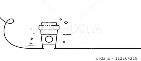 Takeaway coffee line icon. Continuous one line with curl. Hot latte cup sign. Tea drink mug symbol. Takeaway coffee single outline ribbon. Loop curve pattern. Vector Takeaway coffee line icon. Continuous one line with curl. Hot latte cup sign. Tea drink mug symbol. Takeaway coffee single outline ribbon. Loop curve pattern. Vector 112164219