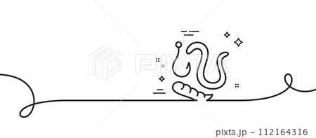 Maggots lure line icon. Continuous one line with curl. Fishing hook with worms sign. Fishhook bait symbol. Worms single outline ribbon. Loop curve pattern. Vector 112164316
