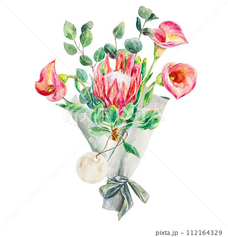 Flower bouquet watercolor. Hand drawn bouquet of pink protea, calla lilies and eucalyptus isolated on a white background. Cards, covers, invitations. 112164329