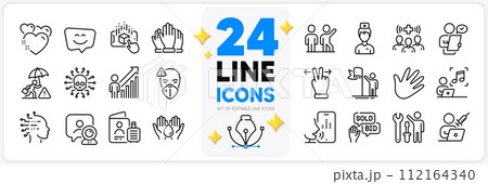 Icons set of Vaccination appointment, Employee result and Voicemail line icons pack for app with Leadership, Bid offer, Teamwork thin outline icon. Cyber attack, Touchscreen gesture. Vector 112164340