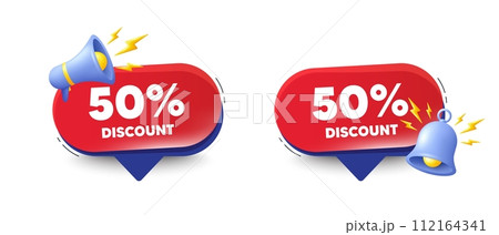 50 percent discount tag. Speech bubbles with 3d bell, megaphone. Sale offer price sign. Special offer symbol. Discount chat speech message. Red offer talk box. Vector 112164341