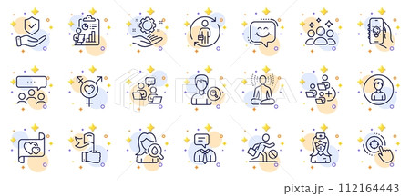 Outline set of Insurance hand, Support service and Smile chat line icons for web app. Include Teamwork, Person, Meeting pictogram icons. Search people, Genders, Nurse signs. Love letter. Vector 112164443