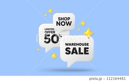 Warehouse sale tag. 3d offer chat speech bubbles. Special offer price sign. Advertising discounts symbol. Warehouse sale speech bubble 3d message. Talk box stars banner. Vector Warehouse sale tag. 3d offer chat speech bubbles. Special offer price sign. Advertising discounts symbol. Warehouse sale speech bubble 3d message. Talk box stars banner. Vector 112164481