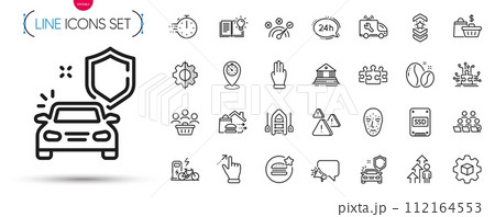 Pack of Puzzle options, Attention and Puzzle line icons. Include Buyers, Teamwork, Face biometrics pictogram icons. Product knowledge, Touchscreen gesture, Electric bike signs. Transform. Vector 112164553
