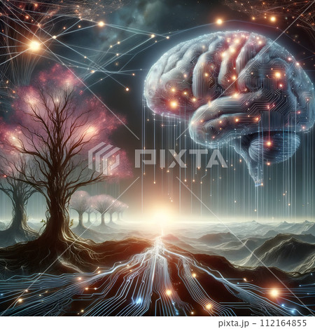 AI-generated content. A surreal and conceptual landscape blending elements of nature and technology. 112164855