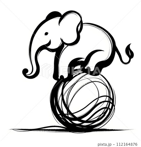 Minimalistic one-line line, elephant on a ball. 112164876