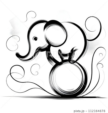 Minimalistic one-line line, elephant on a ball. 112164878