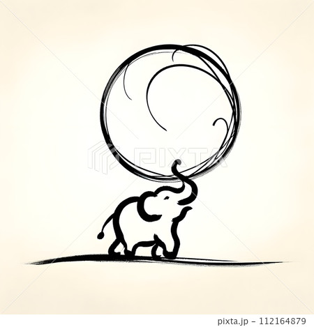 Minimalistic one-line line, elephant on a ball. 112164879