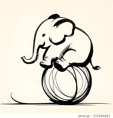 Minimalistic one-line line, elephant on a ball. 112164881