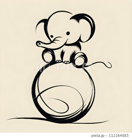 Minimalistic one-line line, elephant on a ball. 112164883