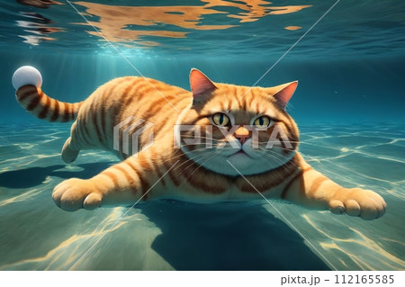 A fat cat in a cap swims in the sea underwater 112165585