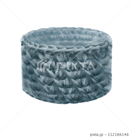 Yarn crocheted basket. Watercolor illustration for your designs, postcards, flyers, posters, business cards,For stickers, scrapbook, yarn or wool shop logos and banners. 112166148