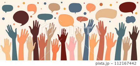 Anonymous raised of multicultural group people. Racial equality. Speech bubble. Crowd people. Man and women of diverse races. Communication. Male female. Diversity inclusion Anonymous raised of multicultural group people. Racial equality. Speech bubble. Crowd people. Man and women of diverse races. Communication. Male female. Diversity inclusion 112167442
