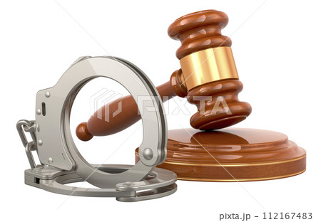 Wooden gavel and handcuffs, 3D rendering Wooden gavel and handcuffs, 3D rendering 112167483