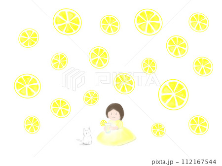 輪切りレモンとネコと女の子のイラスト 輪切りレモンとネコと女の子のイラスト 112167544