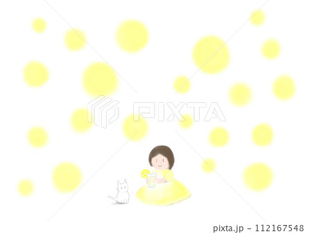 レモンスカッシュとネコと女の子のイラスト 112167548