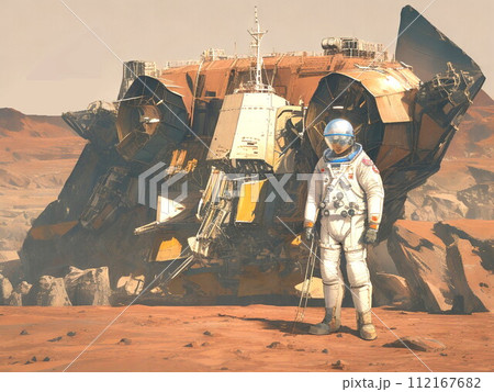 宇宙船の墜落部品を調査する飛行士 宇宙船の墜落部品を調査する飛行士 112167682