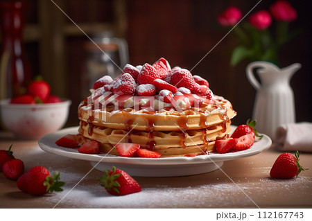 Stack of waffles drizzled with chocolate syrup and strawberries topping with vanilla ice cream 112167743