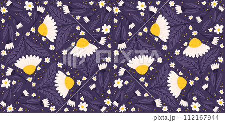 Seamless arrangement showcasing a midnight violet-colored daisy pattern. Chamomile recurring design on a purple surface Seamless arrangement showcasing a midnight violet-colored daisy pattern. Chamomile recurring design on a purple surface 112167944