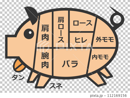 美味しくてヘルシーな豚肉の部位を説明したブタの断面図イラスト 112169156