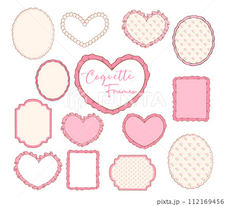 Coquette Pink Frame Doodle Drawing: Retro Heart Shape, Oval, Rectangular Frames set 112169456
