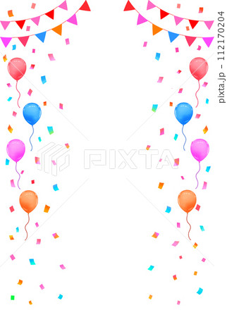 イベントのフレーム背景　ガーランドと風船と紙吹雪　縦長 112170204