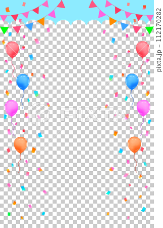 Event frame background Blue sky, garland, balloons and confetti Vertical 112170282