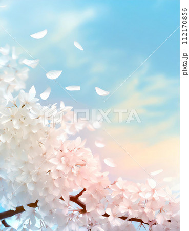 【縦写真】青空に舞う桜の花びら 112170856