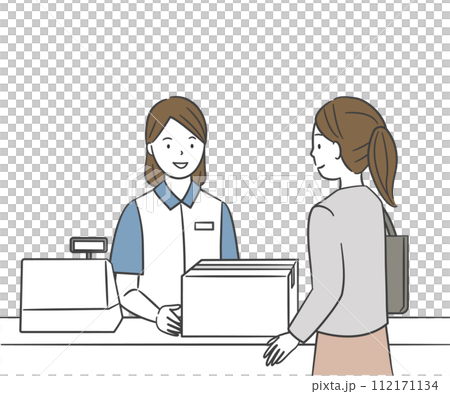レジで荷物の受け渡しをするコンビニの女性店員と女性客 レジで荷物の受け渡しをするコンビニの女性店員と女性客 112171134