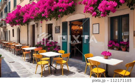 An outdoor cafetaria inItaly with Bougainvillea Flowers on the wall An outdoor cafetaria inItaly with Bougainvillea Flowers on the wall 112171185