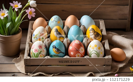 Easter Eggs displayed in a charming vintage wooden crate, each egg painted with motifs inspired by nature 112171229