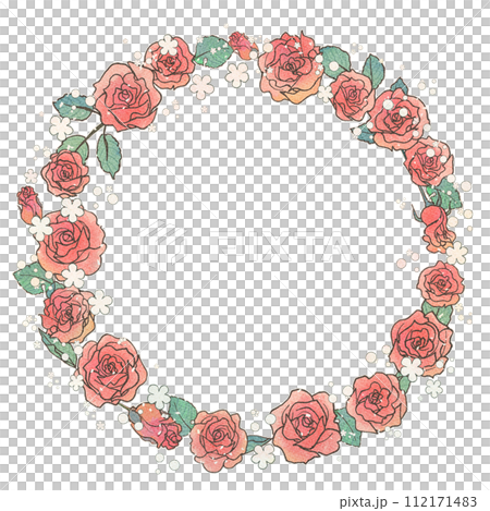 少女漫画風・アナログ手描きの薔薇の円形フレーム 112171483