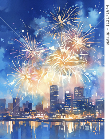 夏の夜に咲く花火と街の風景 AI画像 夏の夜に咲く花火と街の風景 AI画像 112171644